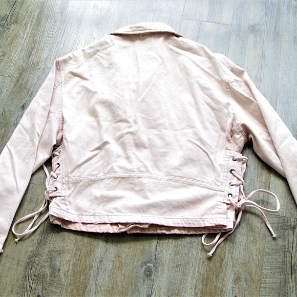 NEW Free People Lace-Up Denim Pink Moto Jacket - Picture 2 of 4